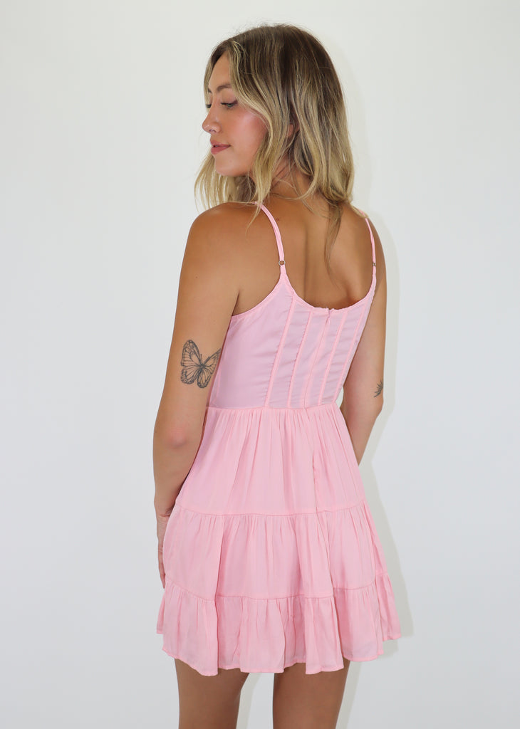 Pink flowy tiered cami bustier mini dress