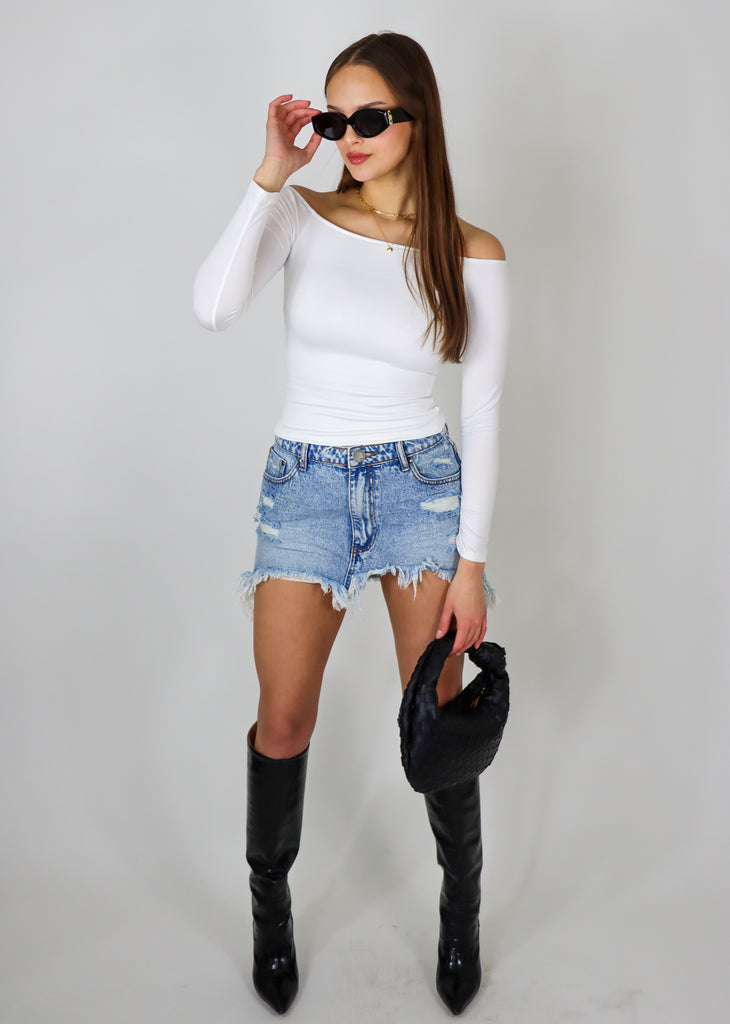 White off the shoulder cropped long sleeve top