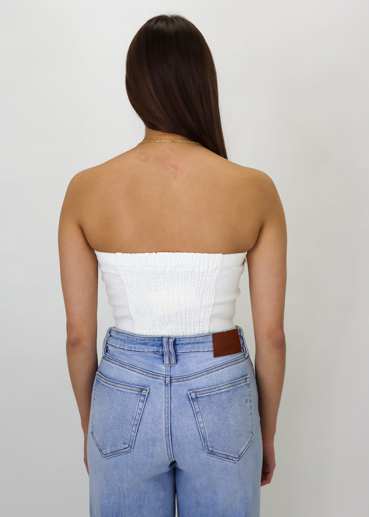 strapless denim front buttons cropped tube top white - Rock N Rags