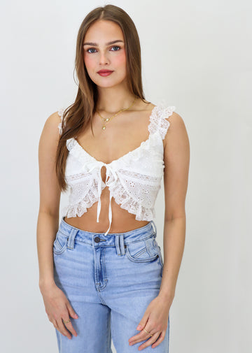 sweetheart neckline lace straps lace trim tie front eyelet detail cropped tank top - Rock N Rags