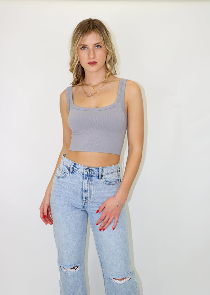 spill the tea light grey seamless chevron ribbed scoop neck stretchy crop tank top - Rock N Rags