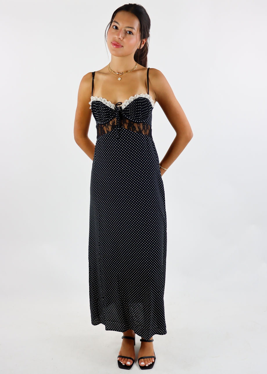 Vintage Spoon Jeans Sheer Black Polka Dot Maxi Dress