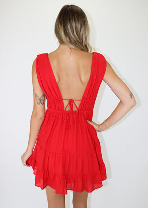 red flowy plunge neckline tiered bottom open back summer dress