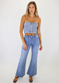 Denim light wash button down strapless tube top, cropped, bustier going out top