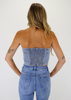 Denim light wash button down strapless tube top, cropped, bustier going out top