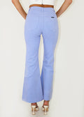 Blue corduroy flare jeans, high waisted, pockets in front and back.