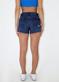 Dark wash high waisted denim shorts with pockets in front and back.