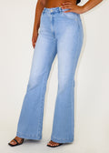 Light wash flare jeans with pockets in front and back.