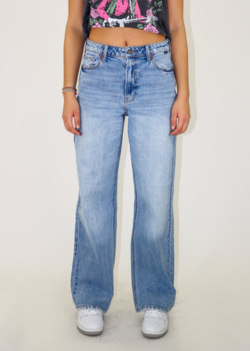 high waisted fit light wash denim with straight leg fit