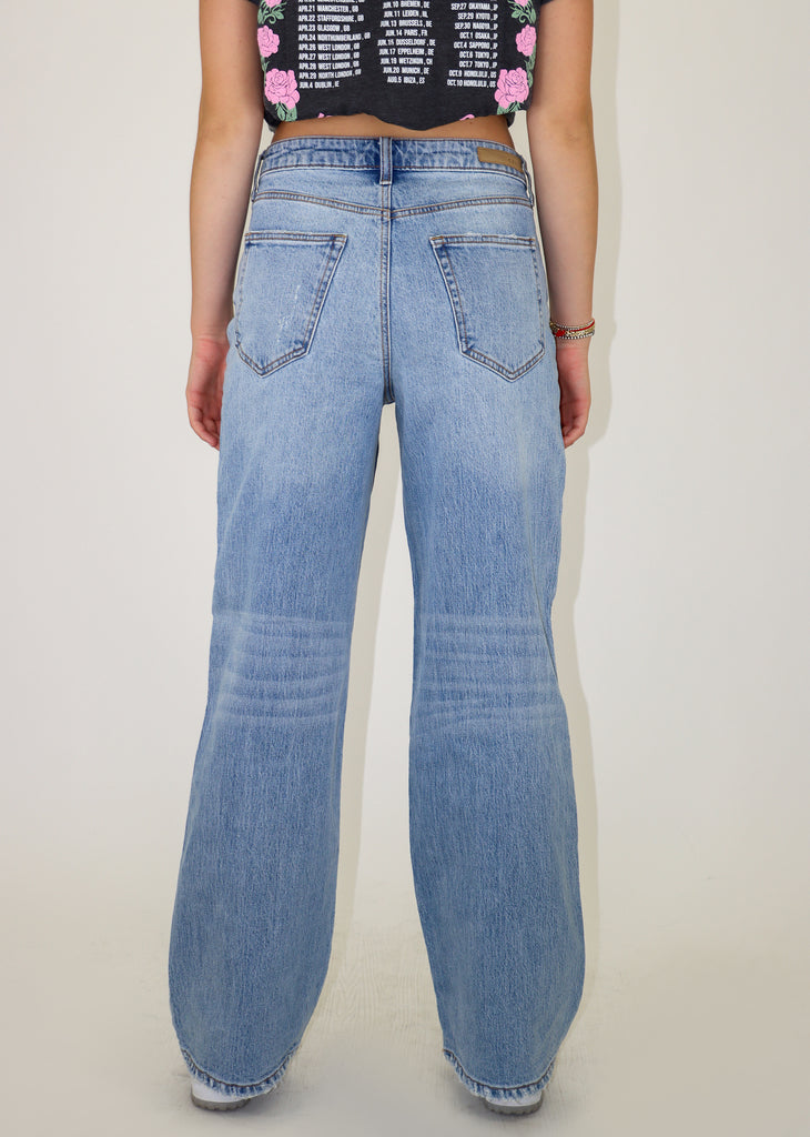 high waisted fit light wash denim with straight leg fit