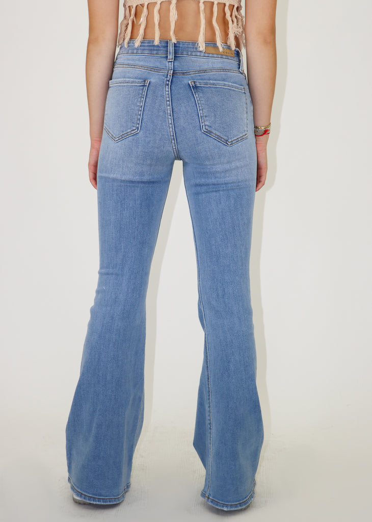 flare fit high waisted light wash with slight distressing jeans