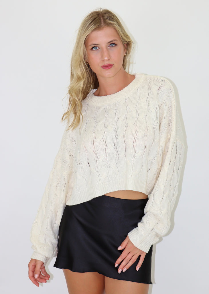 cropped cable knit oversized fit sweater cream