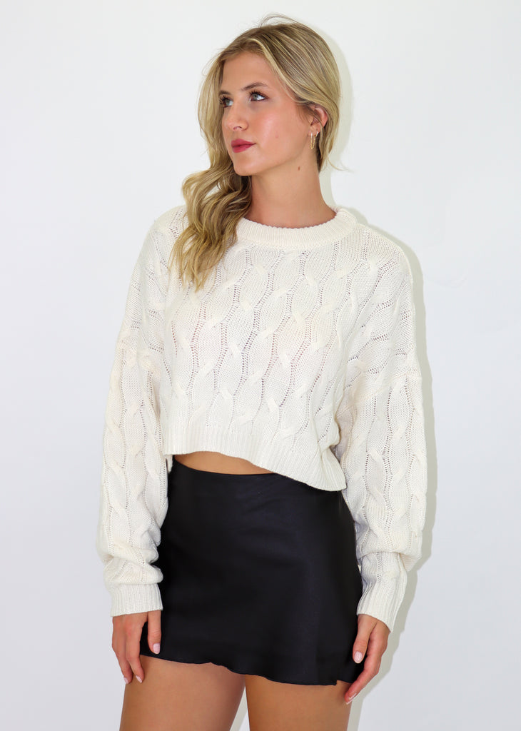 cropped cable knit oversized fit sweater cream