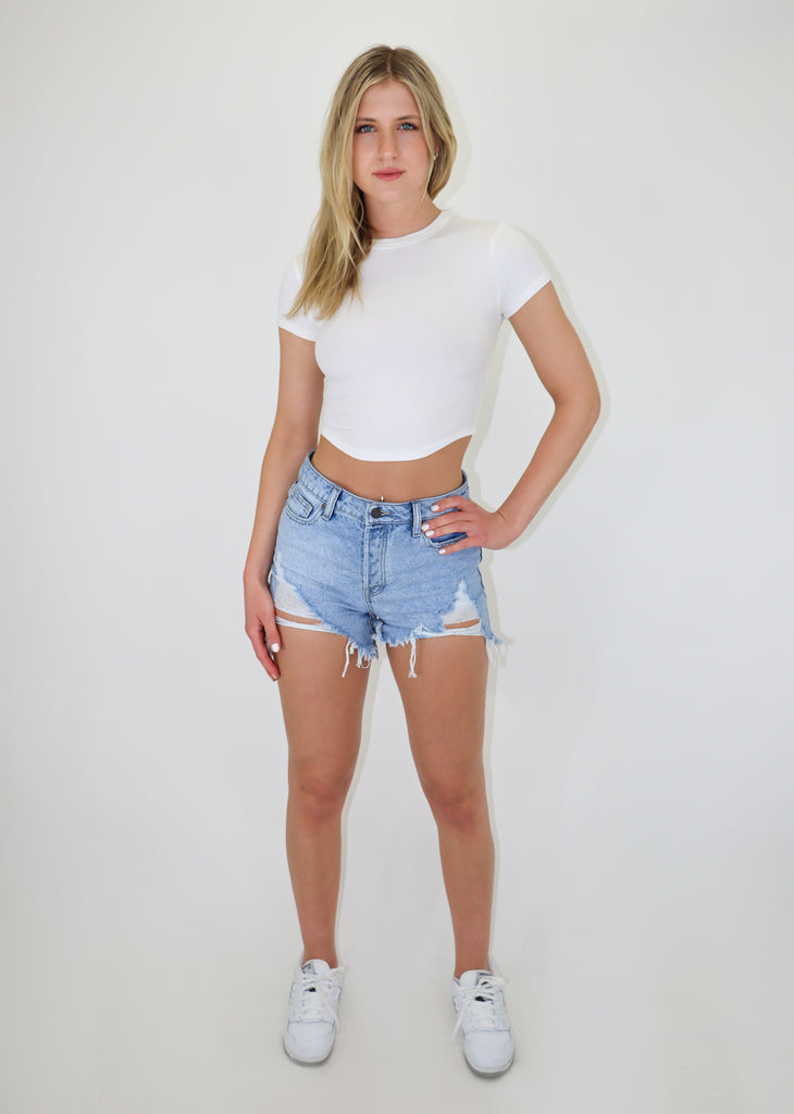 white ribbed curve hem short sleeve tshirt high neck crop top ribbed material closet essential neutral basic piece women's clothing