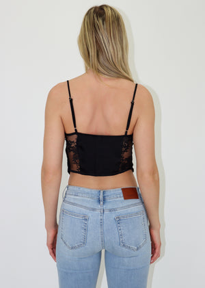 black satin material double tie front lace detailing plunge neckline cropped tank top adjustable spaghetti straps unlined lace inserts open front festival look spring break summer warm weather going out edgy women's clothing