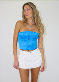 cobalt blue satin lace up back corset cropped tank top front hook and eye closures tube top strapless going out top night out spring summer women's clothing
