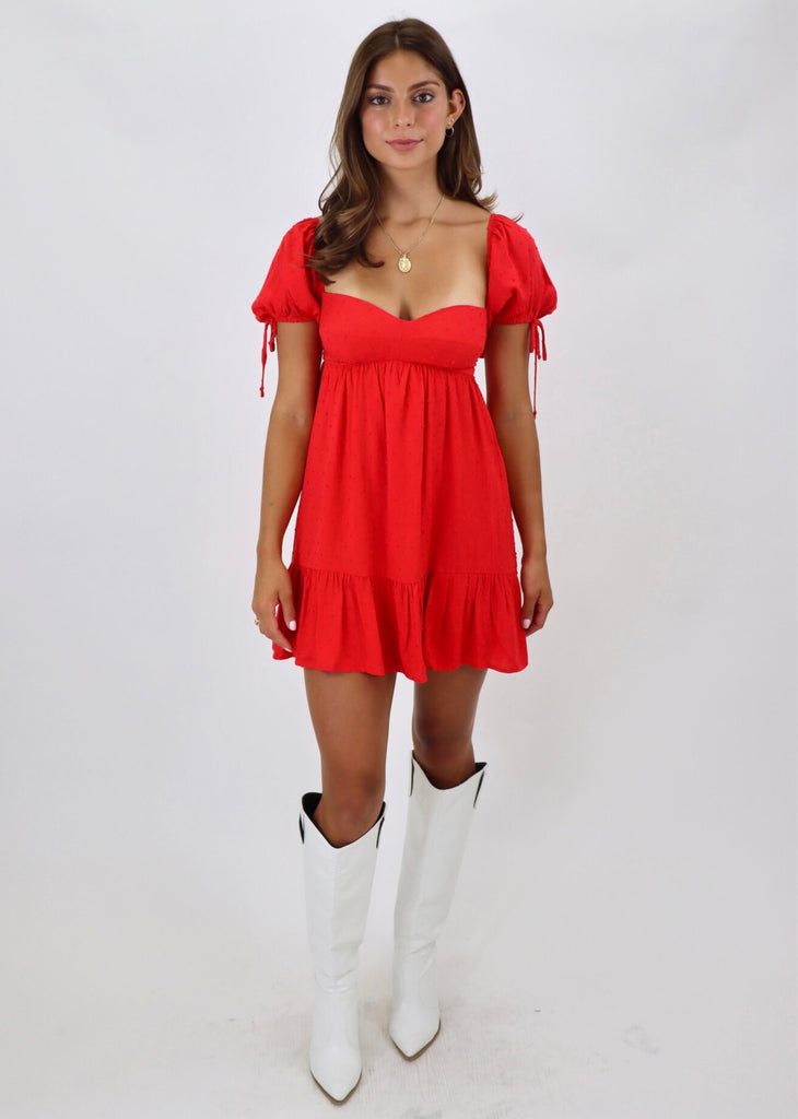 Red cap sleeve flow dress fitted bust with bow embellishments