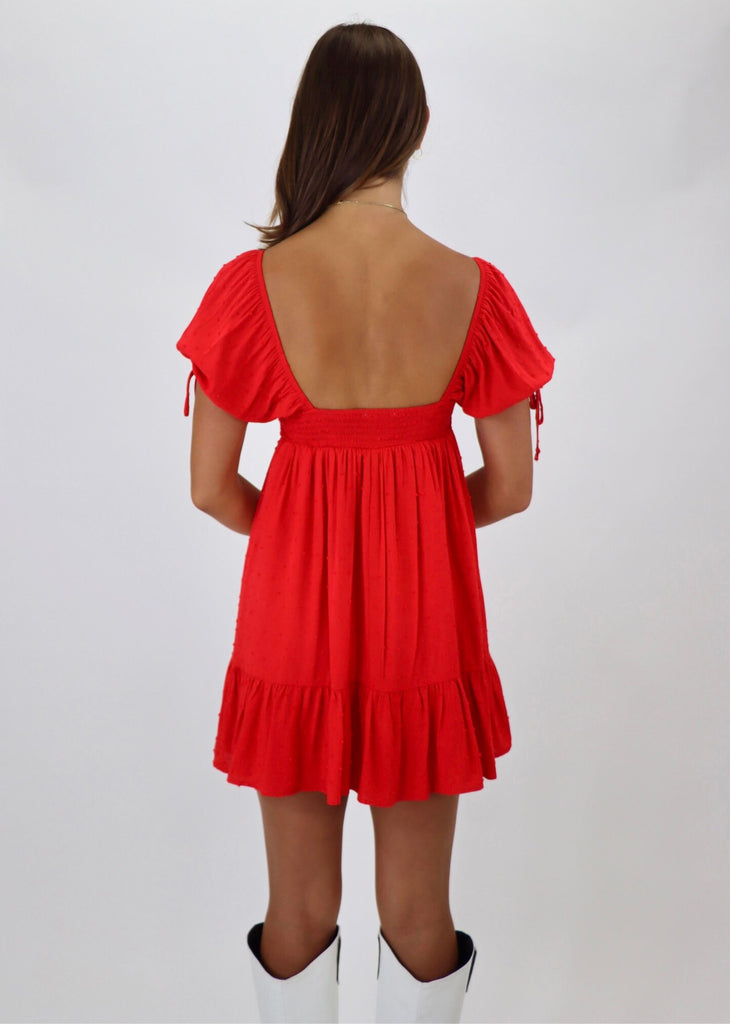 Red cap sleeve flow dress fitted bust with bow embellishments