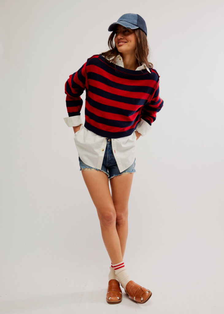 Free People WTF Into The Blue Cropped Pullover ★ Red & Navy