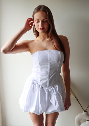 white strapless corset boning detail bubble skirt mini dress - Rock N Rags