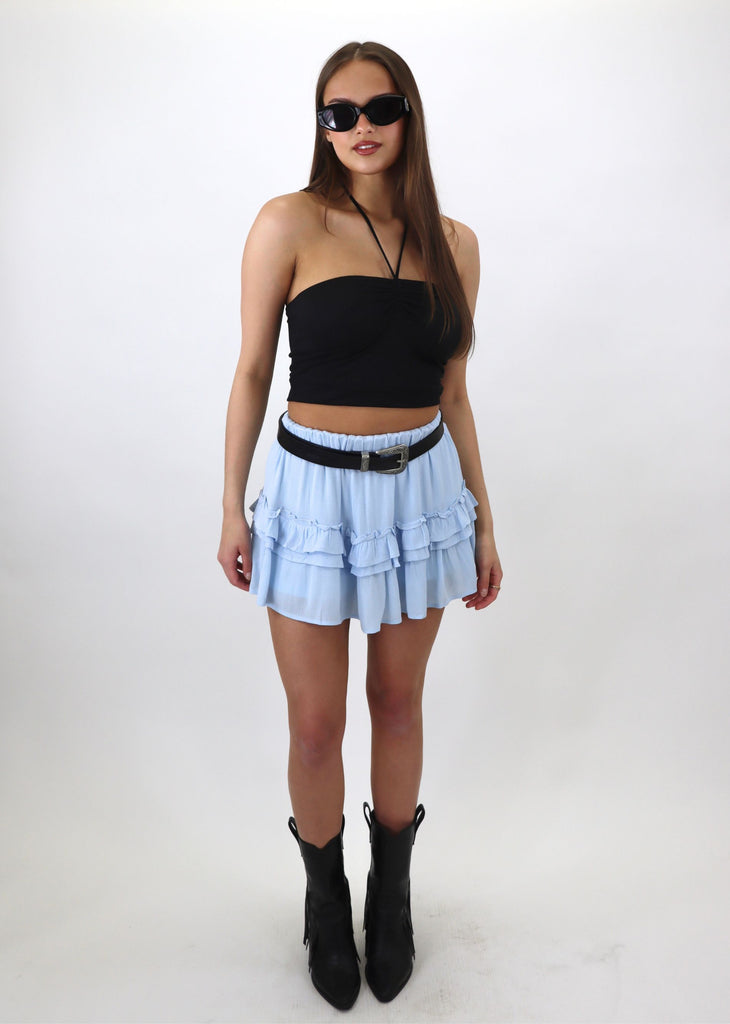 Light Baby Blue Floral Ruffle Mini Skirt Built In Shorts