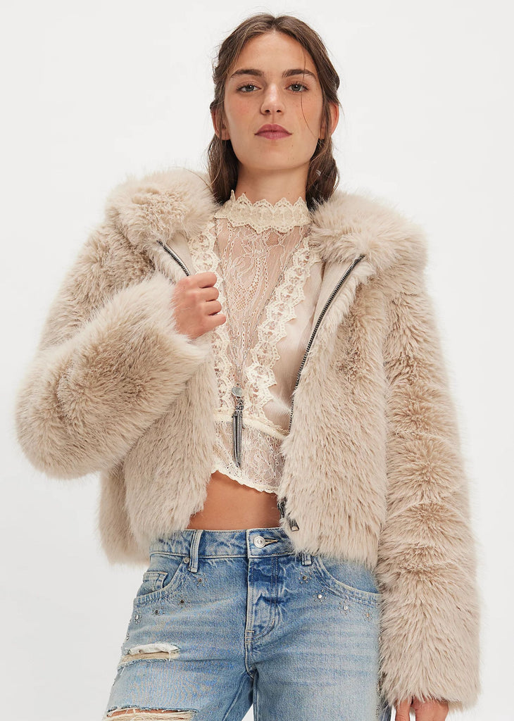 Free People Louder Please Fur Hooded Jacket ★ Almond
