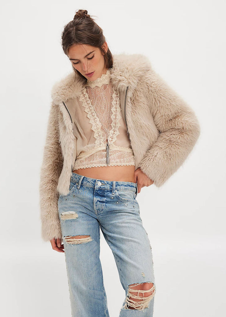 Free People Louder Please Fur Hooded Jacket ★ Almond