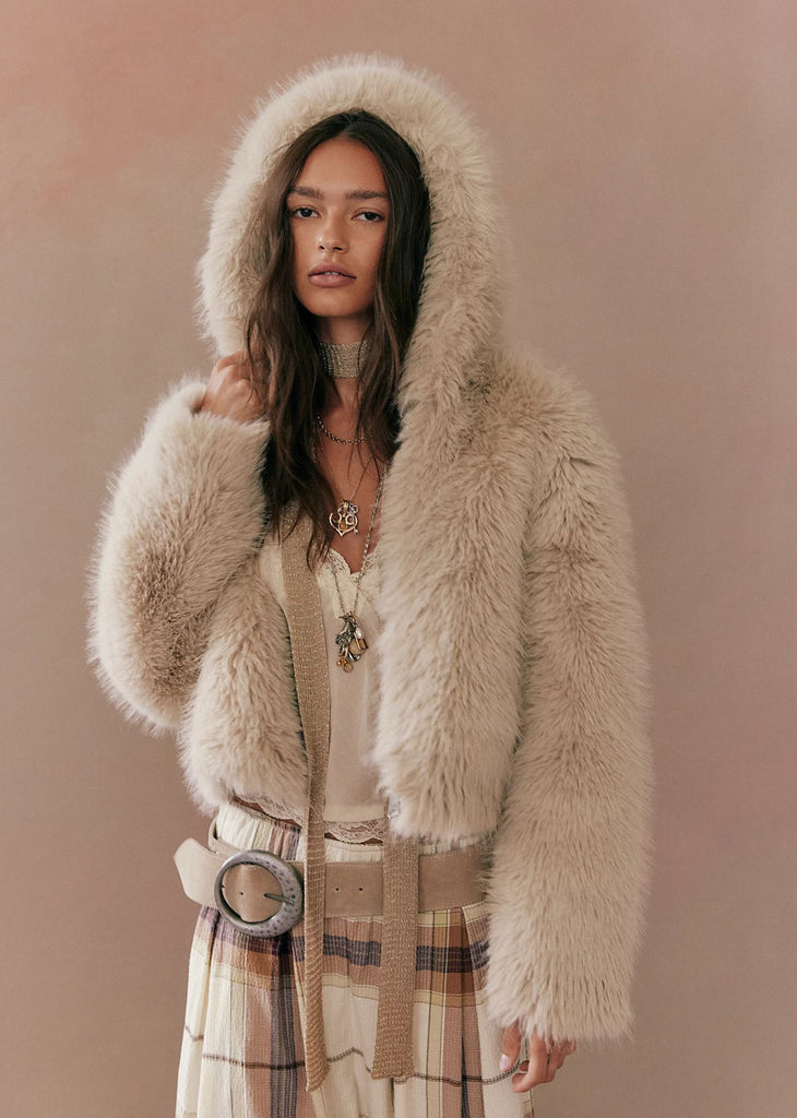 Free People Louder Please Fur Hooded Jacket ★ Almond