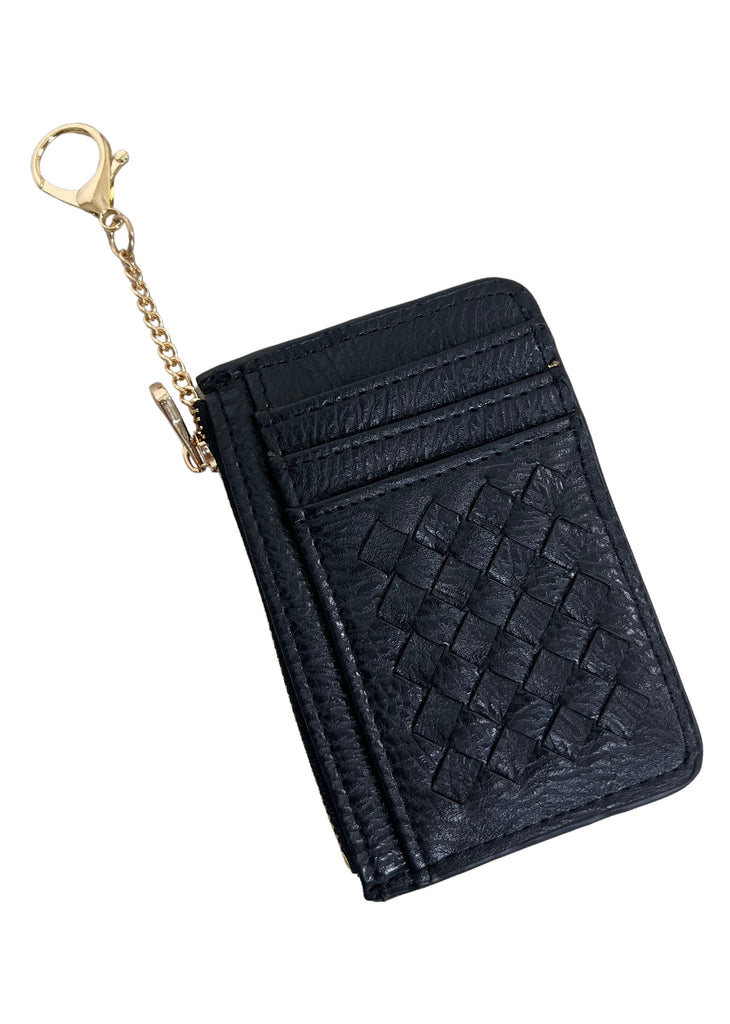 Woven detail cardholder wallet with keychain detail zipper closure