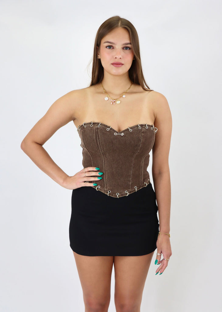 brown denim corset top metal detail rings studs edgy brat summer going out festival look 