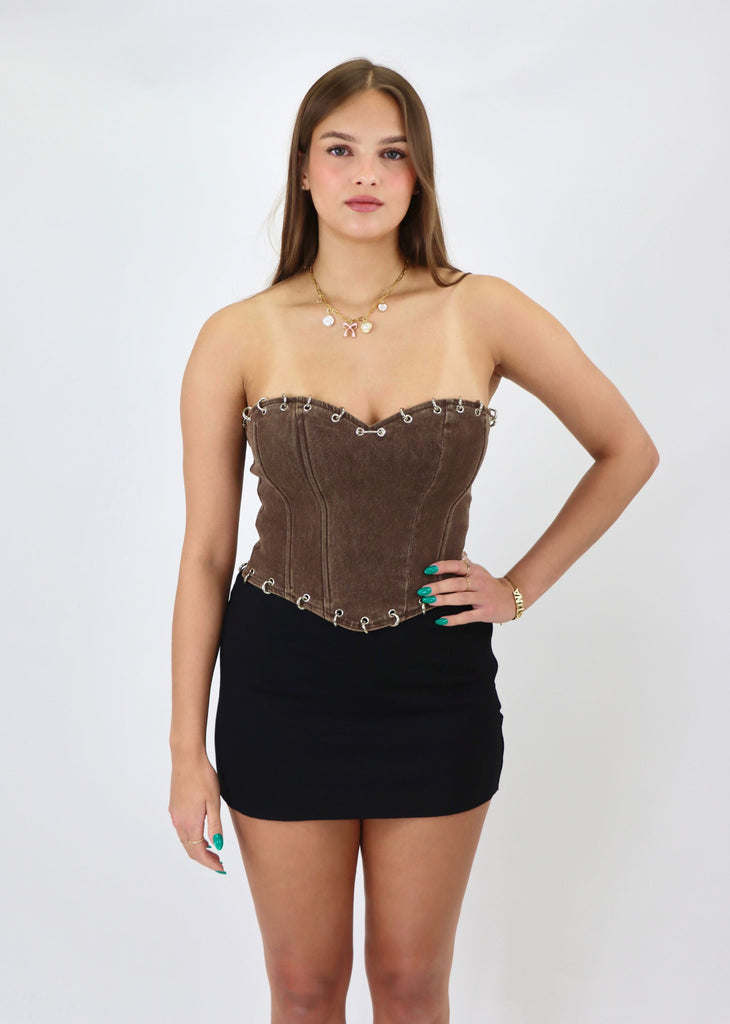 brown denim corset top metal detail rings studs edgy brat summer going out festival look 