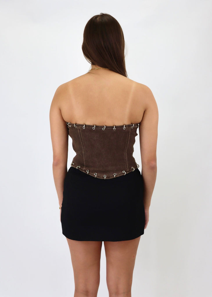 brown denim corset top metal detail rings studs edgy brat summer going out festival look 