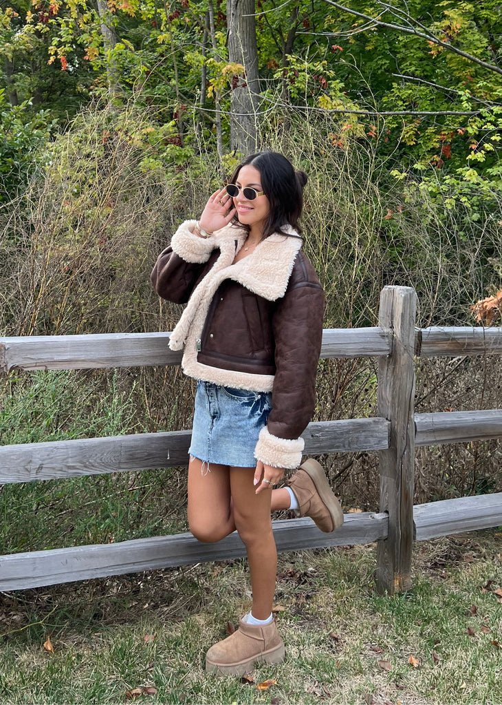 Faux Leather Jacket With Sherpa Detail ★ Brown