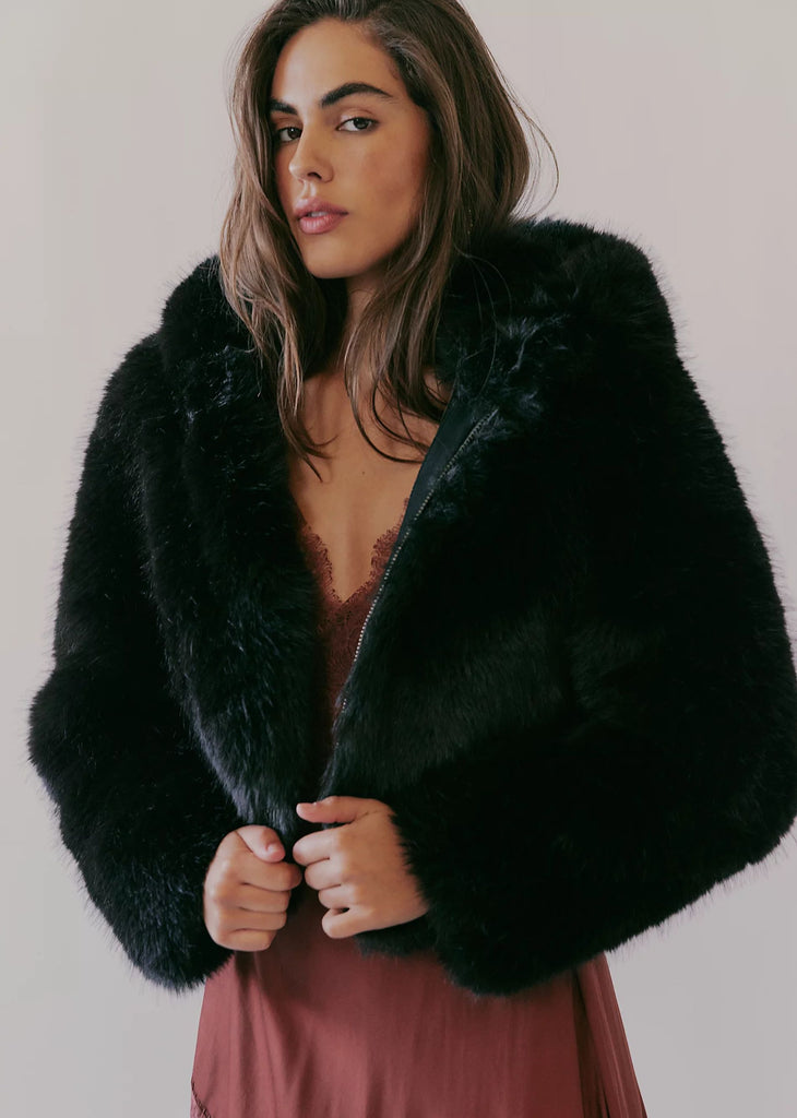 Free People Louder Please Fur Hooded Jacket ★ Black