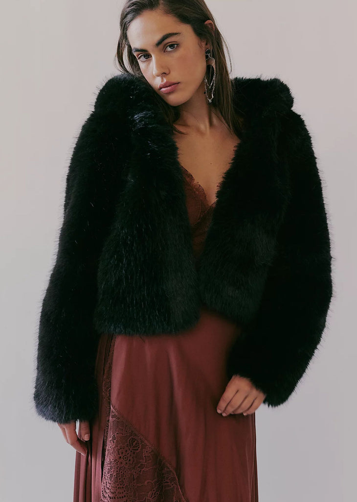 Free People Louder Please Fur Hooded Jacket ★ Black