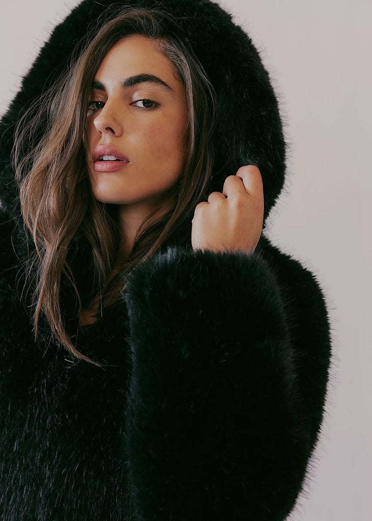 Free People Louder Please Fur Hooded Jacket ★ Black
