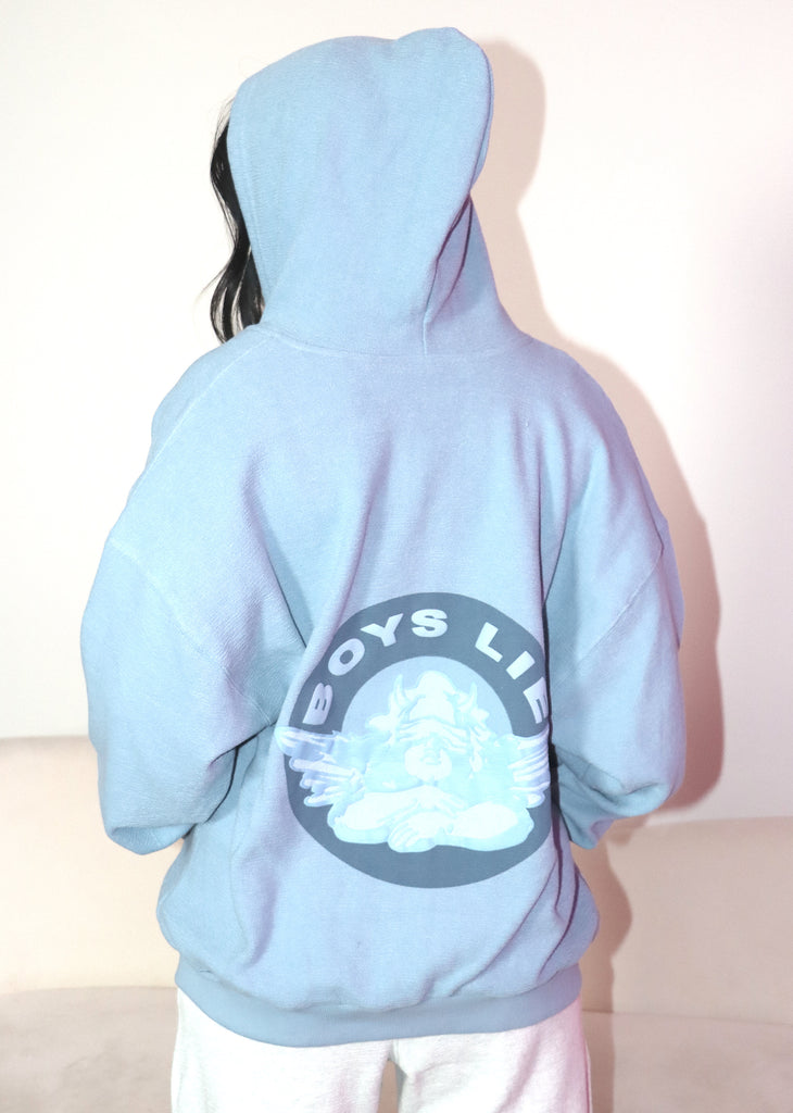 boys lie zip up hoodie light blue oversized fit large graphic on back angel zipper