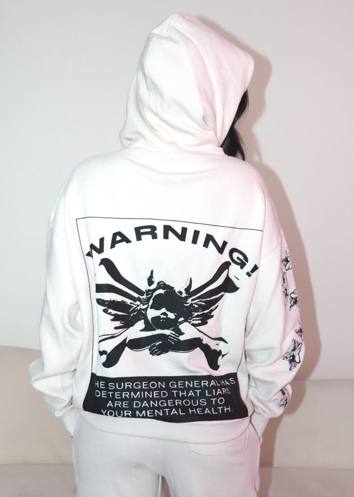 boys lie up in smoke hoodie oversized fit graphic on right arm & back warning graphic on back