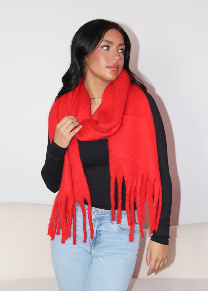 oversized red fringe scarf