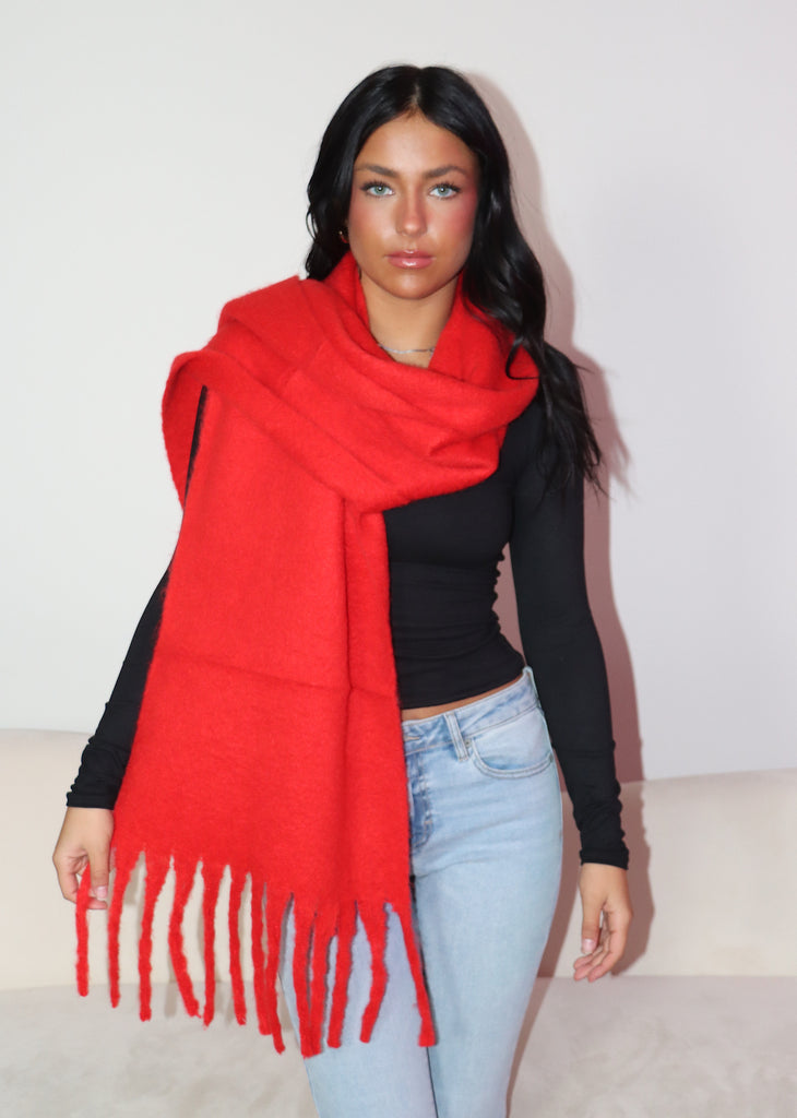 oversized red fringe scarf