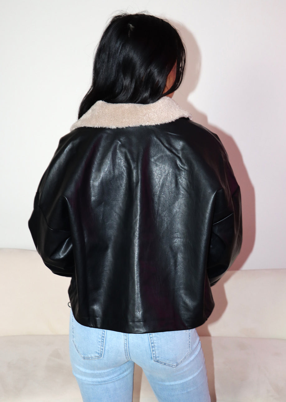 Faux Leather Sherpa Bomber Jacket - Black