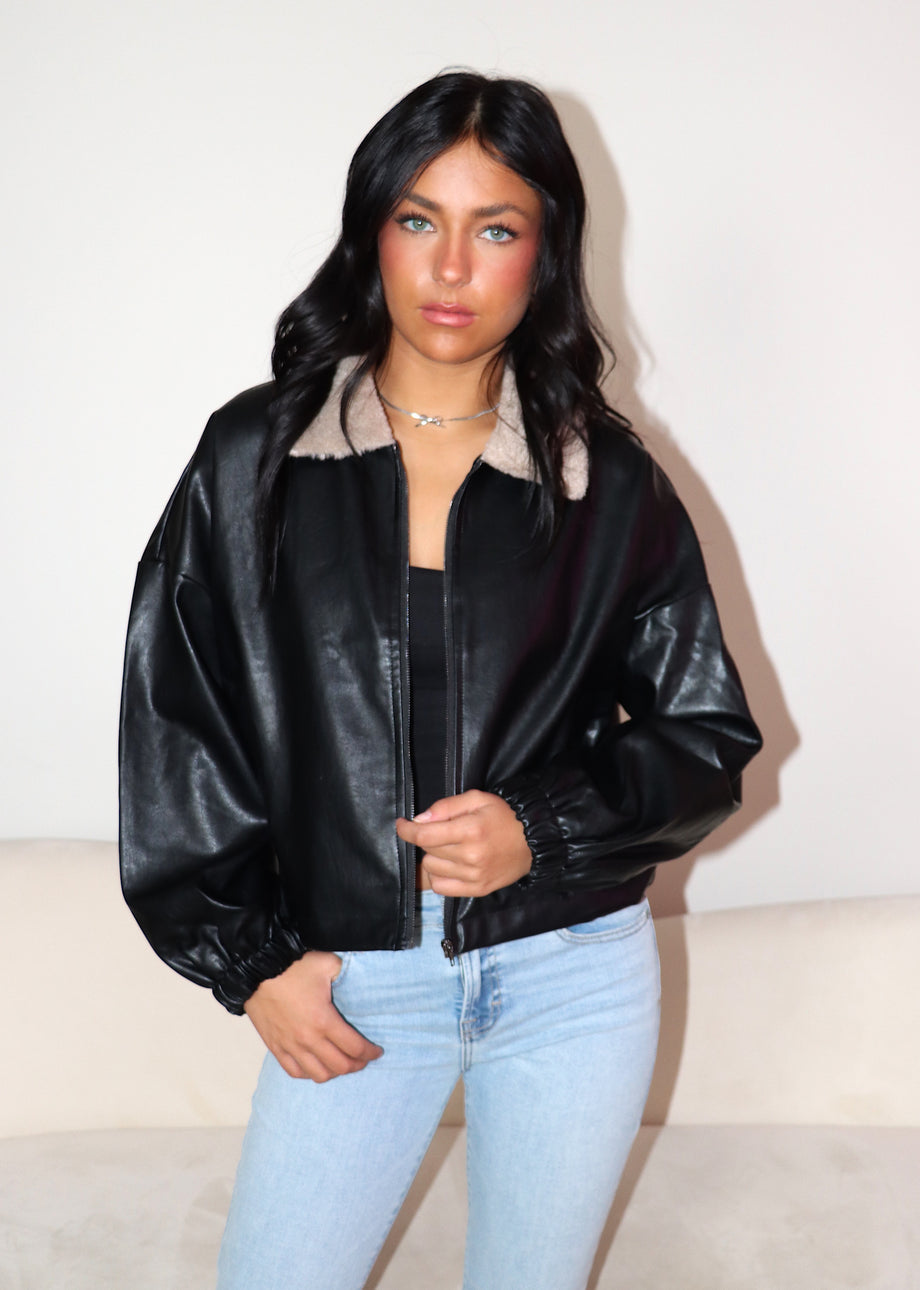 Leather bomber jacket sherpa on sale collar