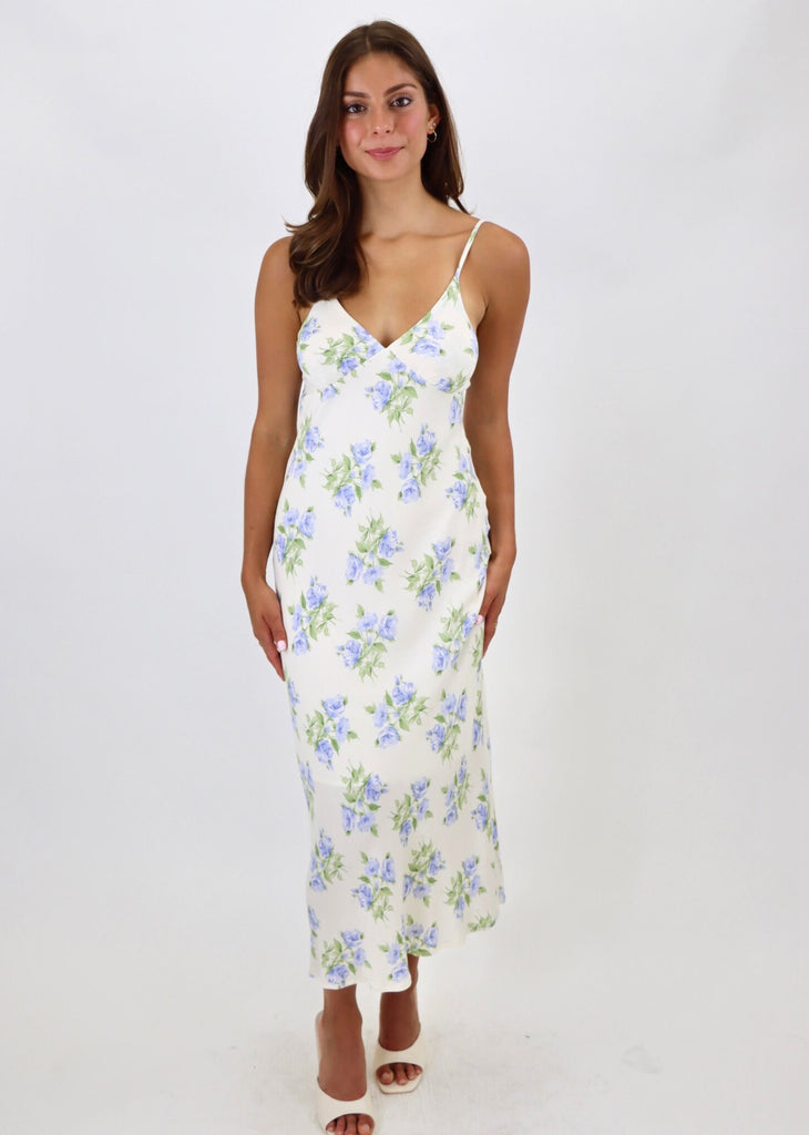 maxi floral dress blue and green flowers spaghetti strap v-neck 