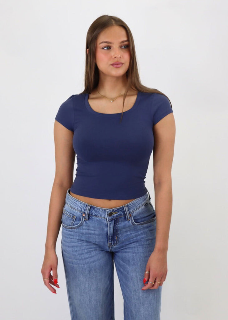 navy blue stretchy seamless scoop neck tee tshirt cap sleeve