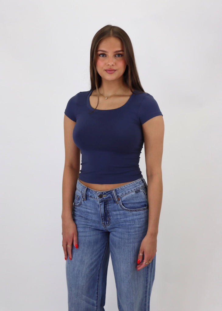 navy blue stretchy seamless scoop neck tee tshirt cap sleeve