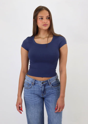 navy blue stretchy seamless scoop neck tee tshirt cap sleeve