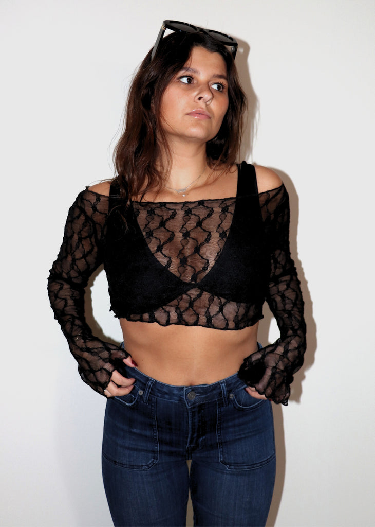 black mesh lace super cropped long sleeve boat neck top