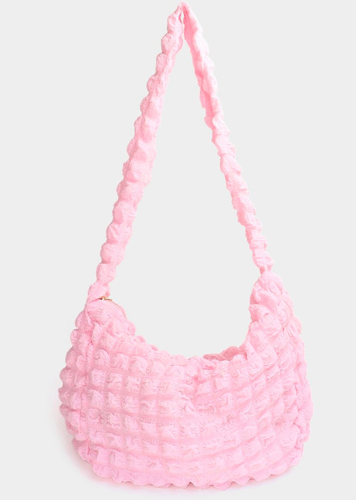Trendy pink bubble ruched quilted fabric tote bag. An everyday purse, work tote, or gym bag.