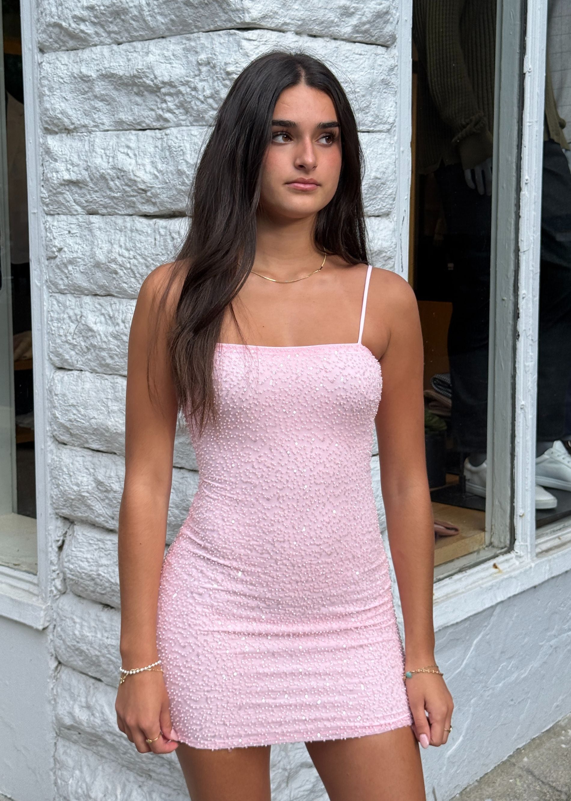 I Wanna Dance Beaded Mini Dress Pink Large I Wanna Dance Beaded Mini Dress Pink Large