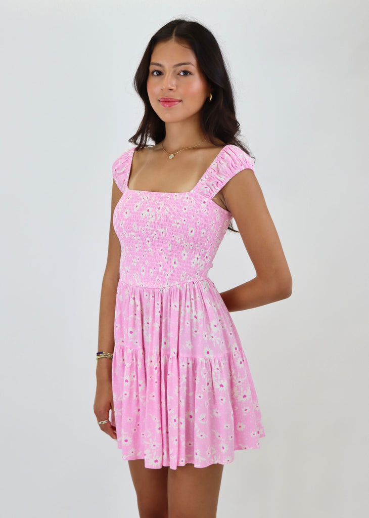 pink floral daisy print smocked tiered mini dress